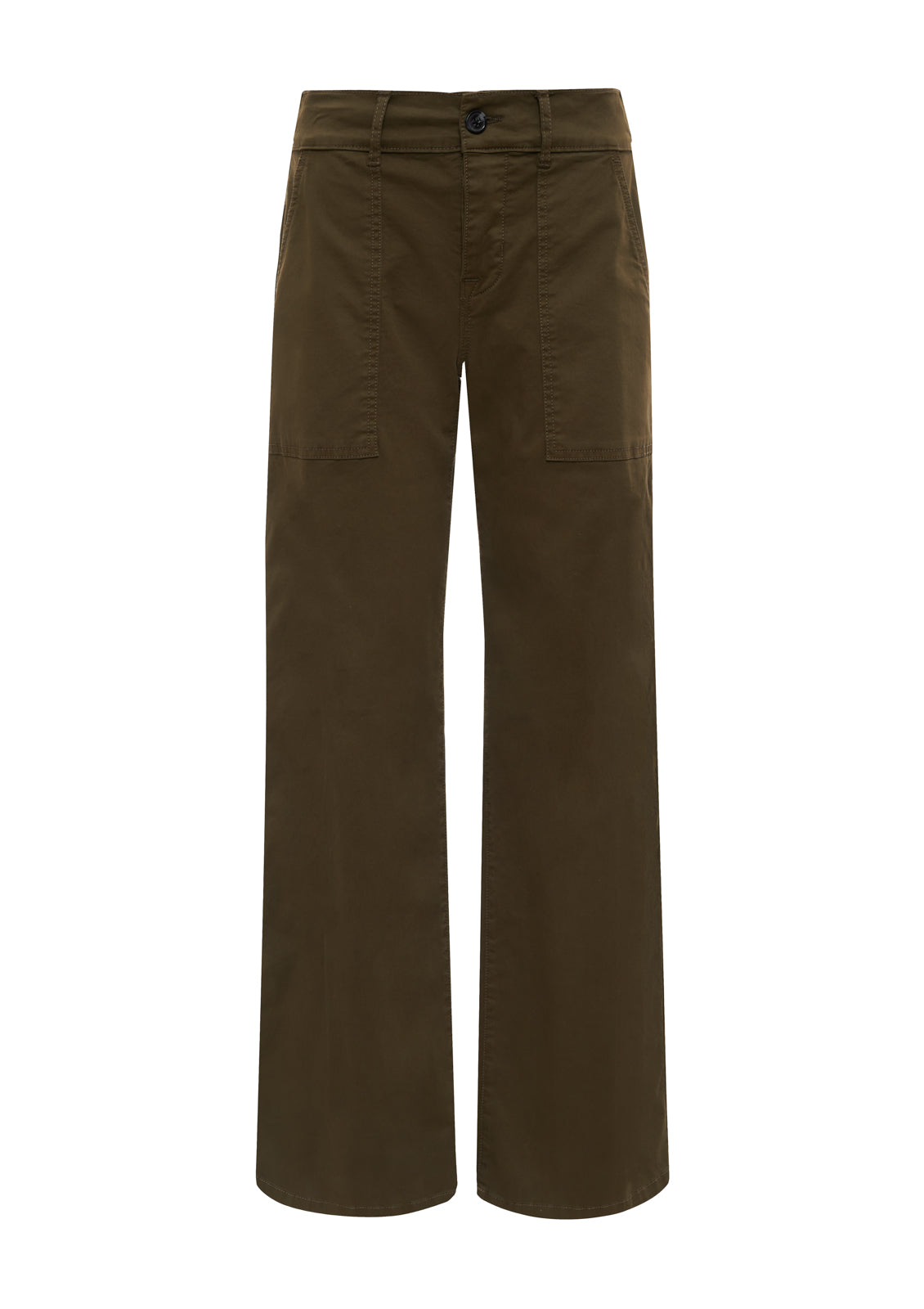 The cruiser full length mossy green pants by Sanctuary Clothing feature a high waist, front button and zip closure, two large front pockets, and a relaxed straight-leg fit with a minimalist design.