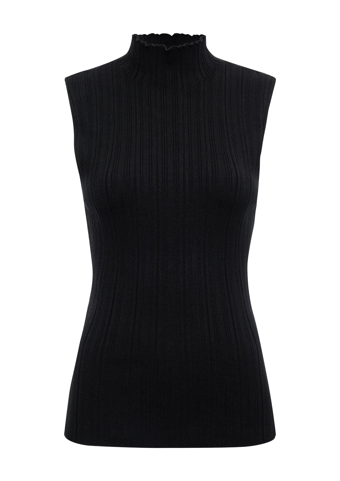 The Sanctuary Clothing ribbed funnel neck top in black features a sleeveless design with a subtle ruffle detail, shown against a plain white background.
