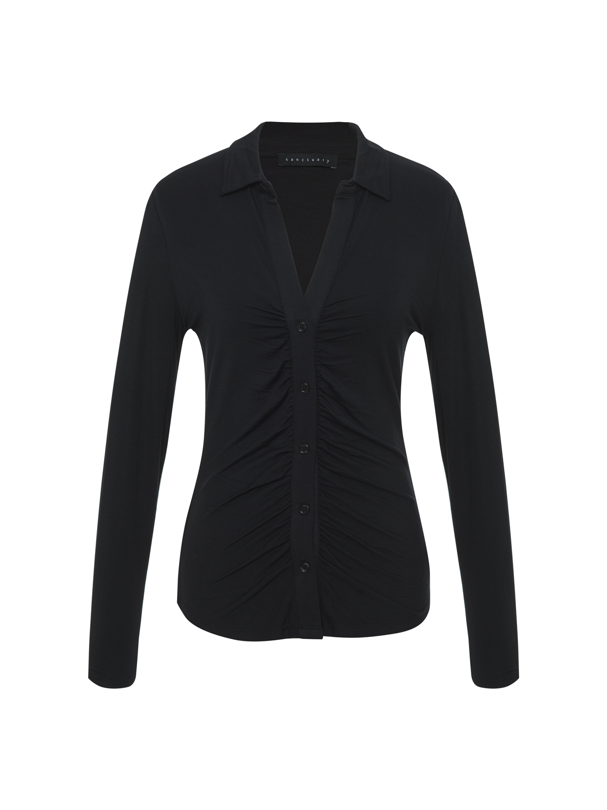 The dreamgirl button up black by Sanctuary Clothing is a black long-sleeved shirt featuring a collar and button-down front. The fabric gathers subtly along the buttons, giving it a ruched effect.